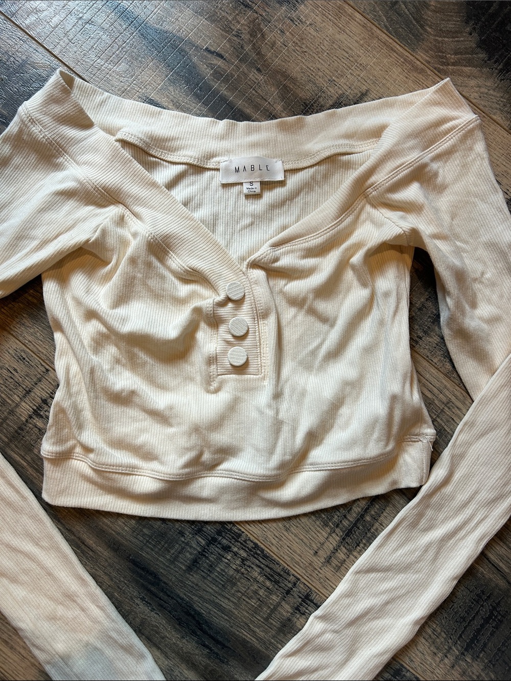 Washed Cream Off-Shoulder Ribbed Crop Top with Button Detail - Picture 2 of 4